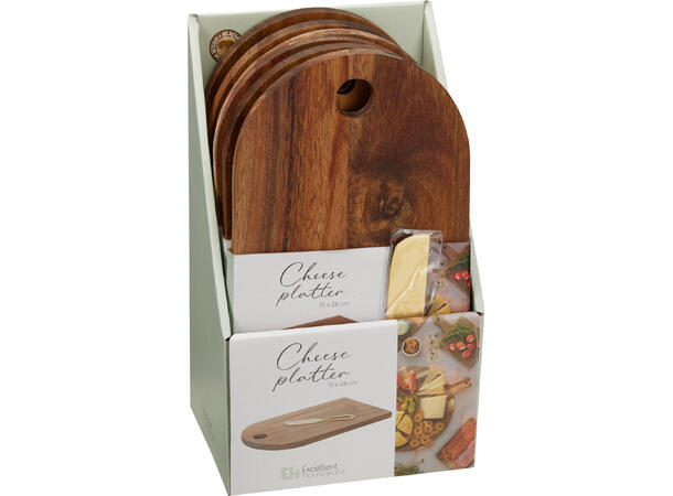 Ostebrett akasie 20,5x22cm Ostekniv gull 13,5 cm Display med 6 stk 