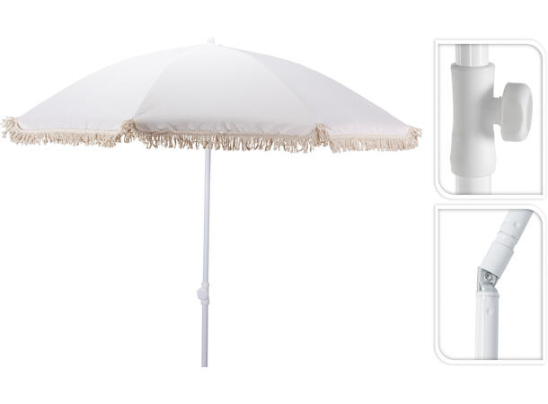 Parasoll krem m/frynser 180x200cm Hvit stålstang,UPF30+, polyester 140g/m² 