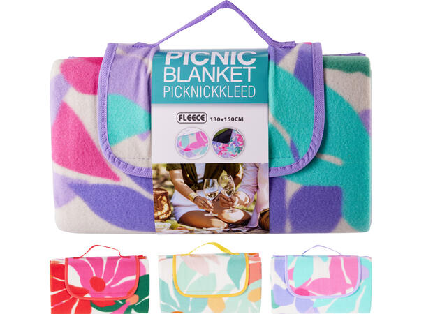Piknikteppe blomstret 130x150cm 3ass 150g med vanntett PE-bakside 