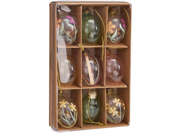 Påskeegg glass 3x4cm 9stk 2ass Forpk 12pk Vekt 57gr pr sett 