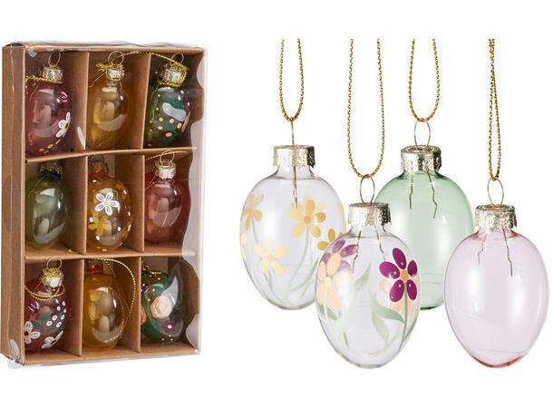 Påskeegg glass 3x4cm 9stk 2ass Vekt:57gram pr sett 