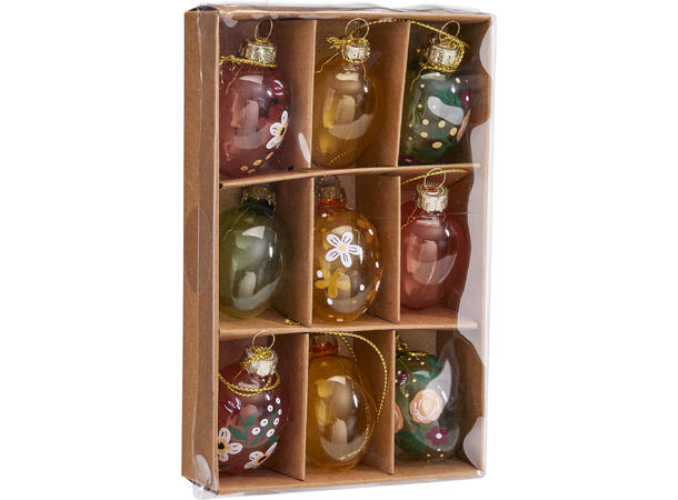 Påskeegg glass 3x4cm 9stk 2ass Vekt:57gram pr sett 
