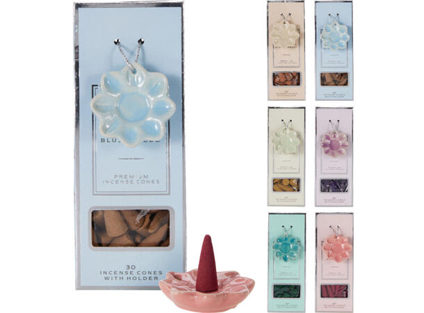 Røkelseskjegler 30stk m/holder 6 dufter 48 stk i display 