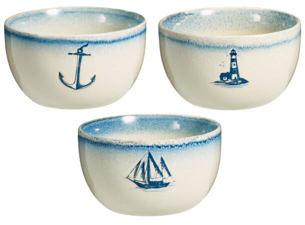 Skål maritim hvit m/blå 675ml 13x7cm Forpk 8stk 