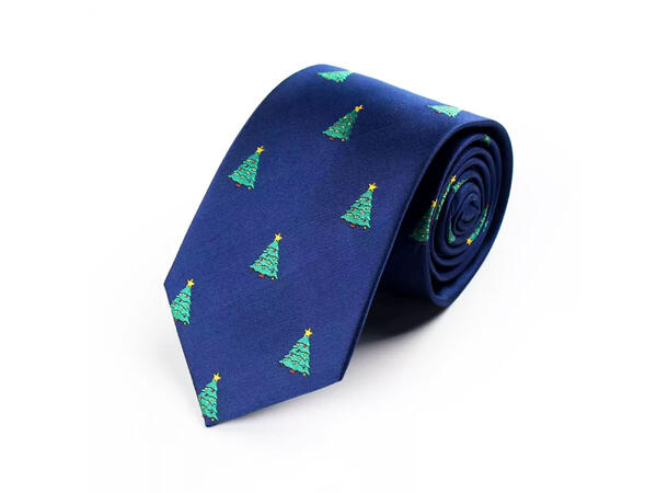 Slips blått m/juletrær Voksen L:144cm Polyester. Pakket i gaveeske 