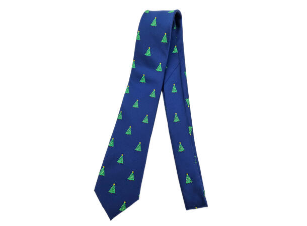 Slips blått m/juletrær Voksen L:144cm Polyester. Pakket i gaveeske 