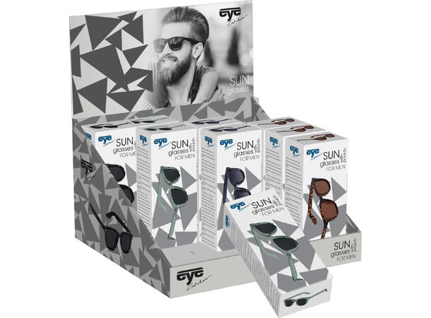Solbriller herre akryl/rustfritt 4ass Display med 24stk. Leveres med stoffpose 