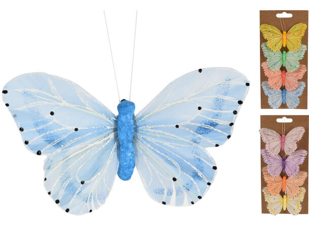 Sommerfugl m/klype 10,5cm 4pk fjær 2 ass 