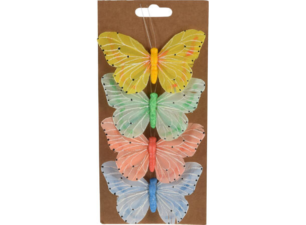 Sommerfugl m/klype 10,5cm 4pk fjær 2 ass 