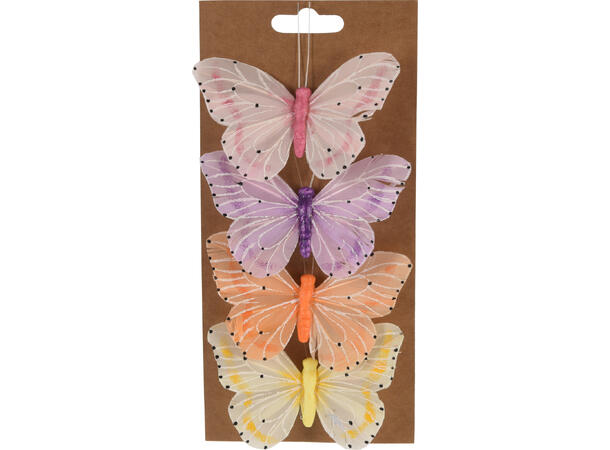 Sommerfugl m/klype 10,5cm 4pk fjær 2 ass 