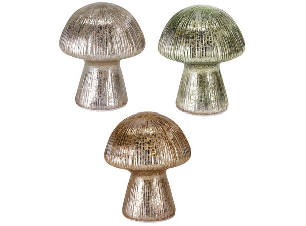 Sopp antikk glass LED 14cm 3ass Batteri 3xAAA Timer 6/18t 