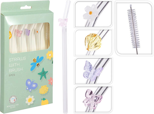 Sugerør glass m/assortert dekor 5stk Design: sommerfugl,blomst,sløyfe,skjell 