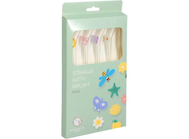 Sugerør glass m/assortert dekor 5stk Design: sommerfugl,blomst,sløyfe,skjell 