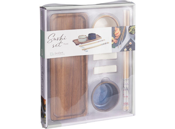 Sushisett 9 deler acacia/porselen 