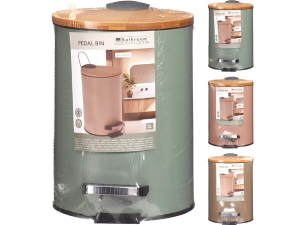 Søppelbøtte 3l metall/bambus 3ass Forpk 6stk Pedalbøtte 17x24cm 