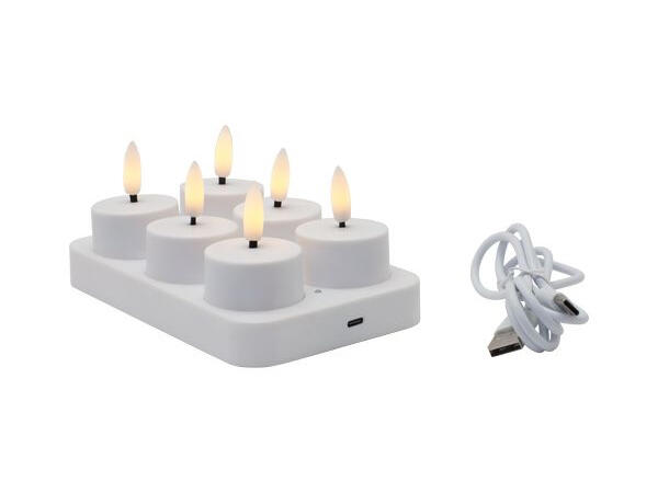 Telys LED hvit hardplast 5x10x4cm s/6 Ladeplate med USB kabel 