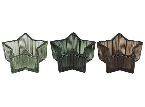 Telysglass stjerne grønn/brun 9x4cm 3ass 