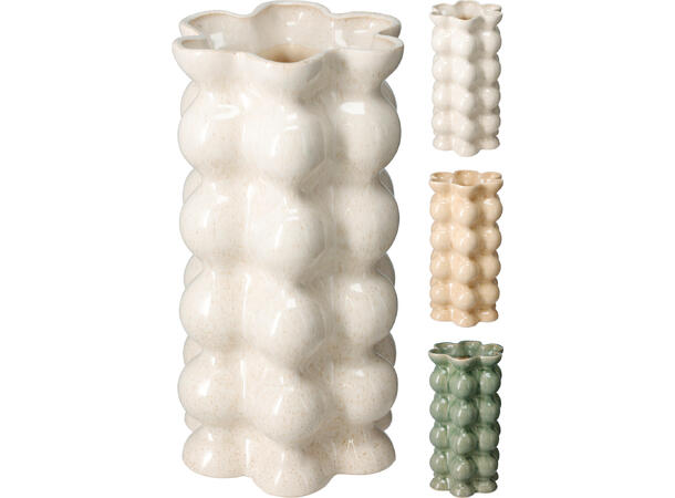 Vase keramikk bobler 13x25cm 3ass m/blomsterform-åpning lys gul,grønn,krem 