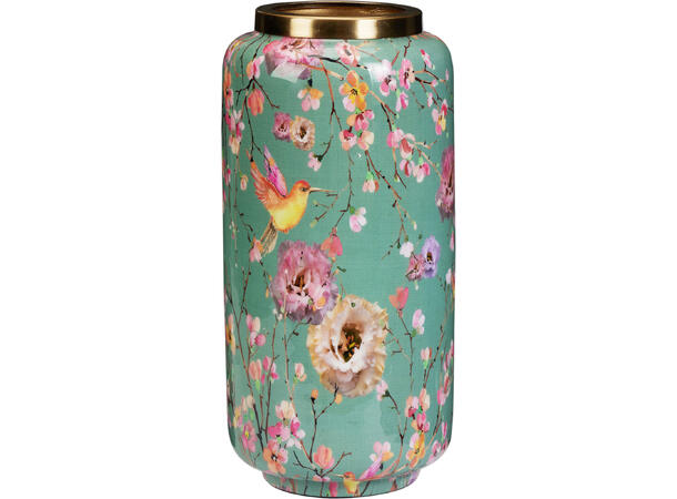 Vase metall grønn m/blomst 15x30cm Gullkant 