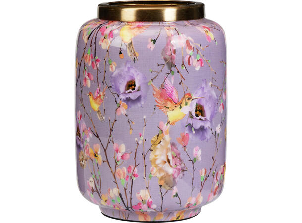 Vase metall lilla blomst/fugl 15x20cm Gullkant 