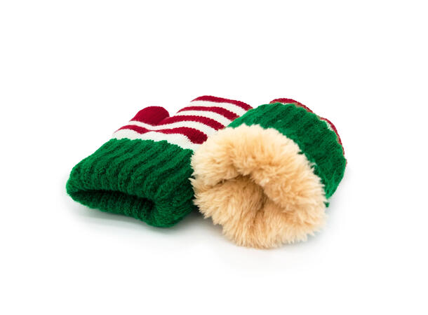 Vott strikket rød/hvit stripet 1-3år Akryl og myk inni 