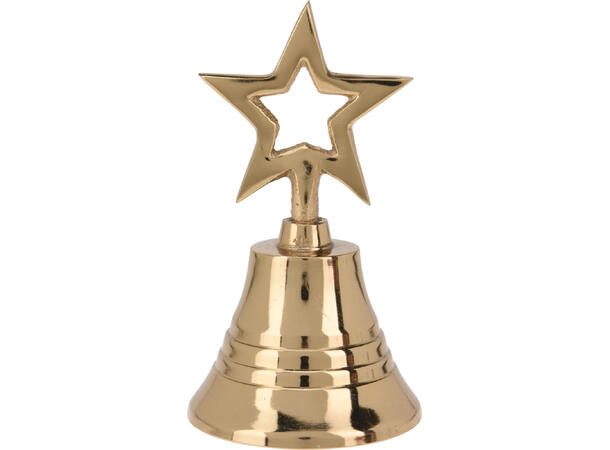 Bjelle bordklokke gull metall 11cm 3ass Juletre, stjerne, reinsdyr 