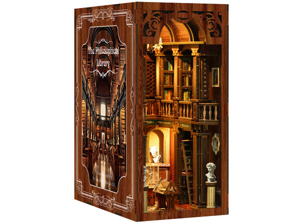 Book Nook Filosofi Bibliotek 23x18x11cm MDF papir stoff LED lys uten batteri 