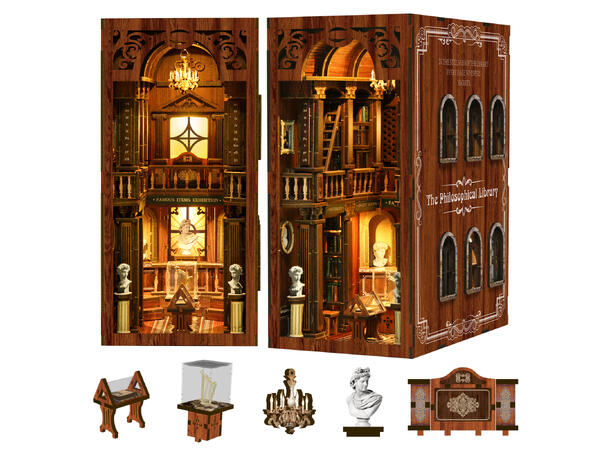 Book Nook Filosofi Bibliotek 23x18x11cm MDF papir stoff LED lys uten batteri 