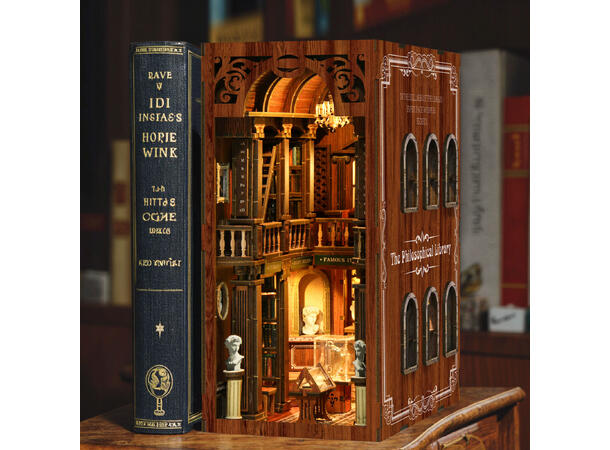 Book Nook Filosofi Bibliotek 23x18x11cm MDF papir stoff LED lys uten batteri 