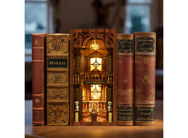 Book Nook Filosofi Bibliotek 23x18x11cm MDF papir stoff LED lys uten batteri 