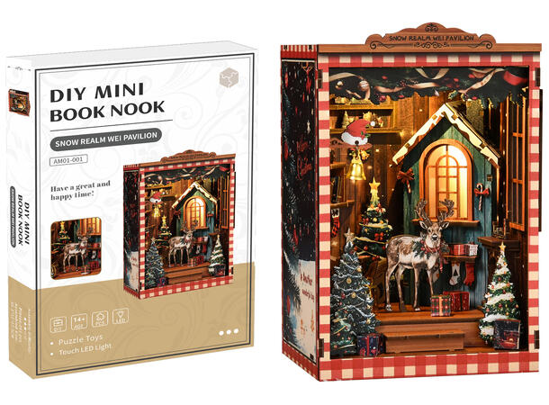 Book Nook Mini Snøriket 12x10,5x17,5cm MDF papir stoff LED lys uten batteri 