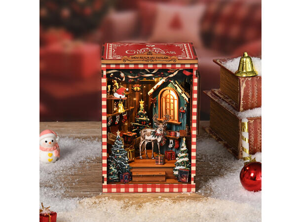 Book Nook Mini Snøriket 12x10,5x17,5cm MDF papir stoff LED lys uten batteri 