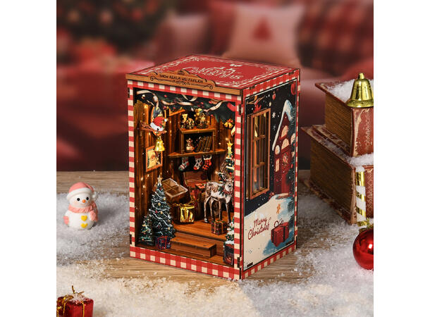 Book Nook Mini Snøriket 12x10,5x17,5cm MDF papir stoff LED lys uten batteri 