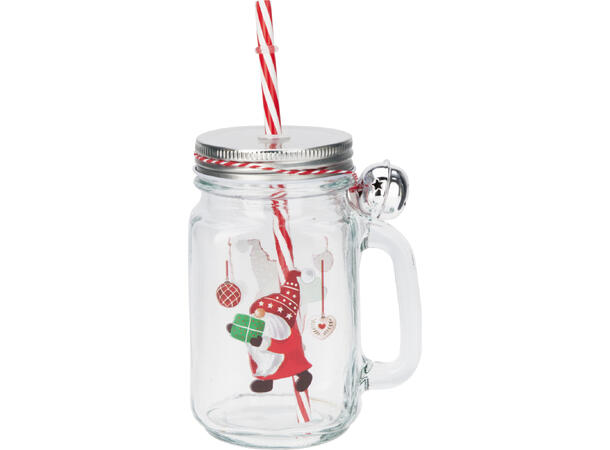 Drikkeglass nisse m/dekor3ass Med sugerør og metallokk  450ml h:13,5cm 