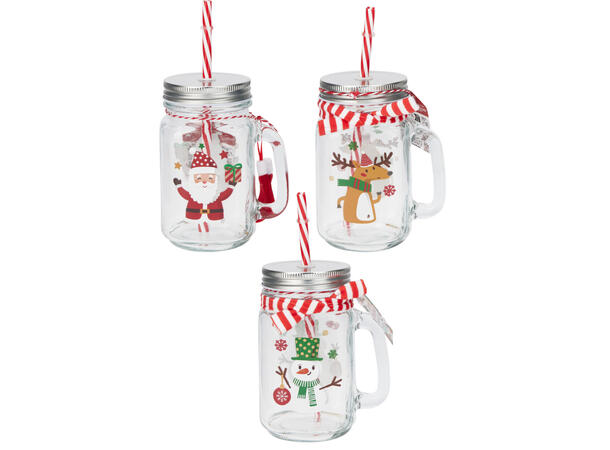 Drikkeglass nisse m/dekor 3ass 12stk.m/sugerør og m.lokk,450ml h:13,5cm 