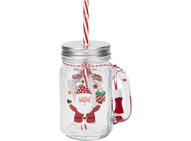 Drikkeglass nisse m/dekor 3ass 12stk.m/sugerør og m.lokk,450ml h:13,5cm 