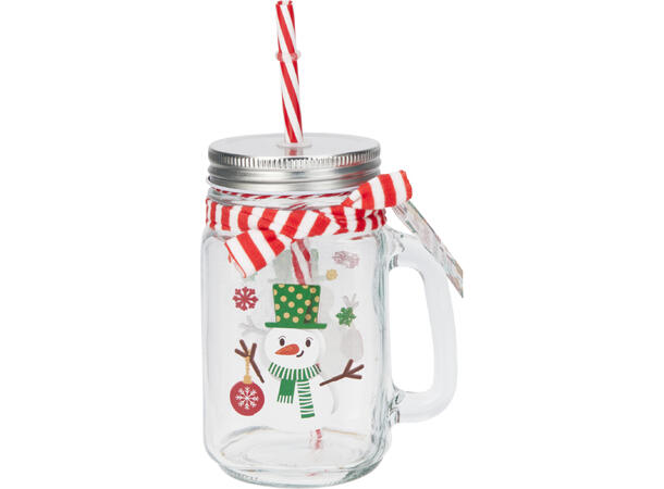 Drikkeglass nisse m/dekor 3ass 12stk.m/sugerør og m.lokk,450ml h:13,5cm 