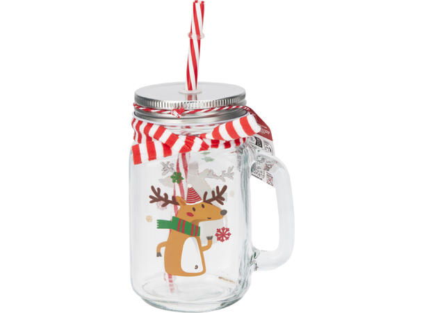 Drikkeglass nisse m/dekor 3ass 12stk.m/sugerør og m.lokk,450ml h:13,5cm 