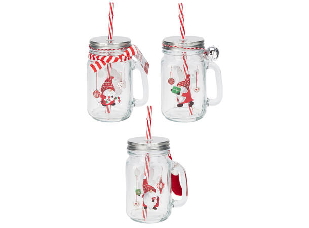 Drikkeglass nisse m/dekor 450ml h:13,5cm Med sugerør og metallokk 