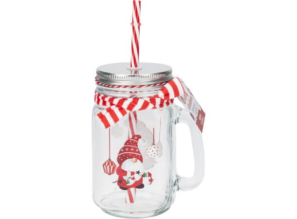 Drikkeglass nisse m/dekor 450ml h:13,5cm Med sugerør og metallokk 