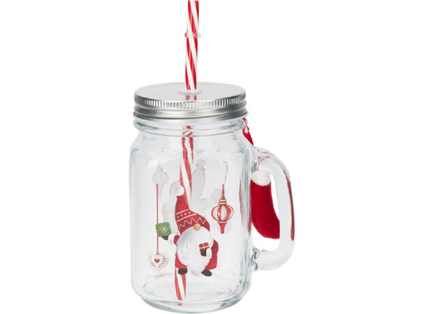 Drikkeglass nisse m/dekor 450ml h:13,5cm Med sugerør og metallokk 