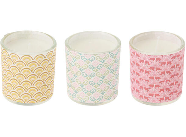 Duftlys i glass 4,5x5cm Brenntid:9t 3ass Display:24stk Rose,Peony,bomull 