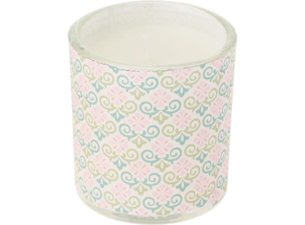 Duftlys i glass 4,5x5cm Brenntid:9t 3ass Display:24stk Rose,Peony,bomull 
