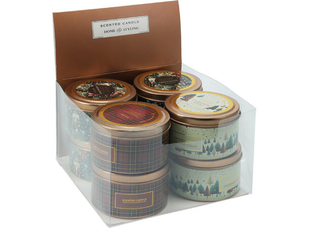 Duftlys jul metallboks 8x5cm 3ass dufter Display med 8stk Vekt:80gram 