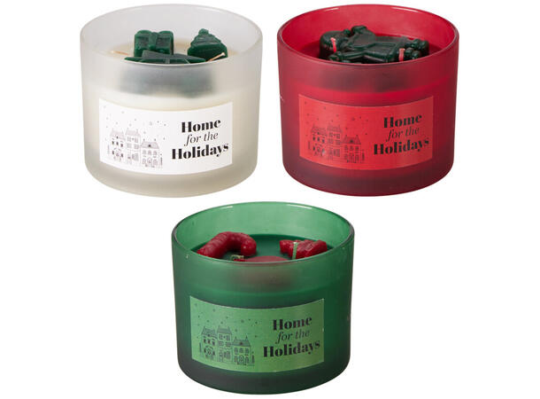 Duftlys m/julefigur 10x7,5cm 3ass Rød Grønn Hvit Brenntid 38t 