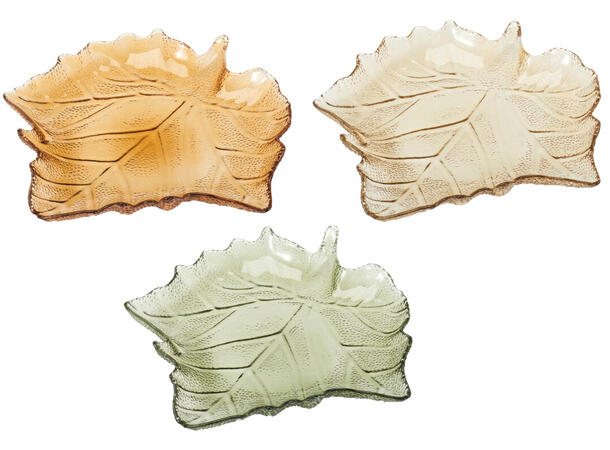 Fat løvblad glass 26cm jordfarger 3ass Forpk 12stk Vekt 550gr 
