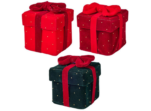 Gaveeske med sløyfe 9x9x10cm 3ass Rød/burgunder/grønn m/gull Poly 