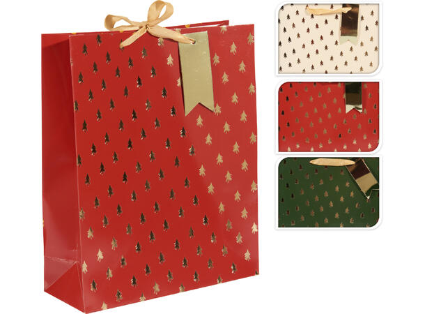 Gavepose Juletre 32x26x10cm 3ass Rød/grønn/krem 