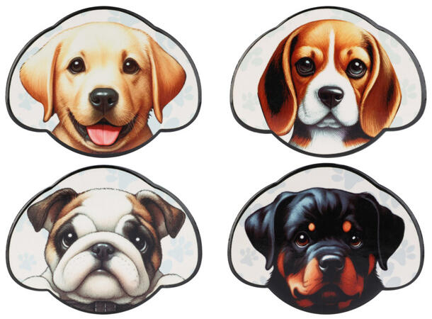 Glassbrikke keramikk/kork Hund 11cm 4stk Inkludert holder i metall 