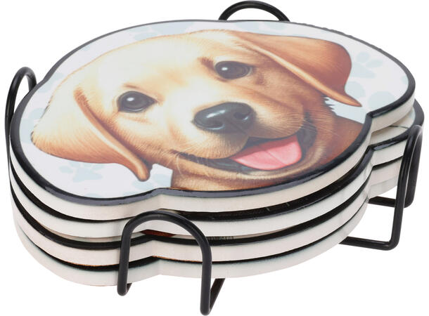 Glassbrikke keramikk/kork Hund 11cm 4stk Inkludert holder i metall 